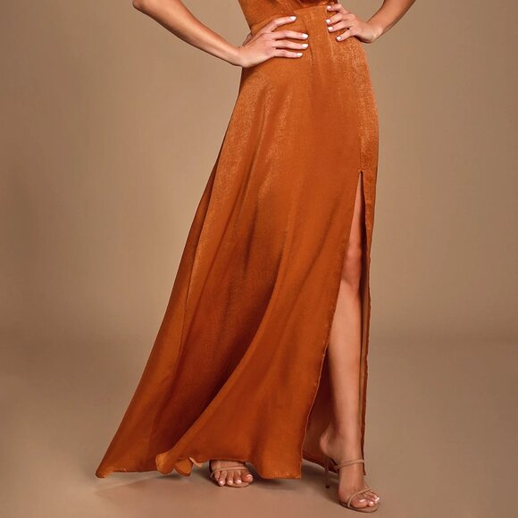 Lulus Constantine Rust Orange Satin Maxi Dress - Picture 2 of 3